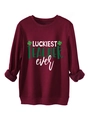 Close-up of wine red sweatshirt fleece lining and Luckiest Teacher Ever clover print - S / Burgundy