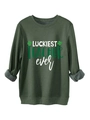 Detail of soft gray fleece lining on a dark green Luckiest Teacher Ever sweatshirt - S / Army Green