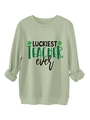 Close-up of Luckiest Teacher Ever print with shamrocks on a green crewneck sweatshirt - Olive Green