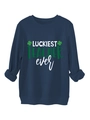 Detail of navy blue fleece sweatshirt with Luckiest Teacher Ever print and shamrock motif - Navy Blue