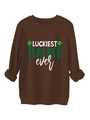 Detail of Luckiest Teacher Ever print with green clover and horseshoe on sweatshirt - Coffee