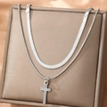 Double-layered silver necklace with rhinestone cross pendant and flat snake chain - Silver Style (F1724)