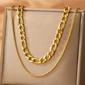 Chunky double-layered gold curb chain necklace with a textured twisting design for women - Gold Double Layer Cuban Figaro Chain (F1343)