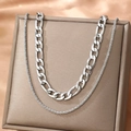 Silver layered cuban chain and twisted link necklace displayed on jewelry gift box - Silver Double Layer Cuban Figaro Chain (F1344)