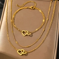 Set parure collana e bracciale a doppio strato con cuori in acciaio inossidabile dorato - Oro (B9105)