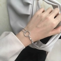 Minimalist silver stainless steel bracelet featuring mixed bead and box chain with large ring - Silver (B1124)