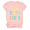 Detailed view of pink cotton T-shirt featuring BOATIN' and FLOATIN' graphic sun print - Pink