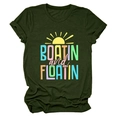 Detail of Boatin and Floatin text print and sun graphic on olive green cotton tee - Army Green