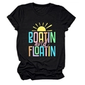 Detail of Boatin and Floatin text print and sun graphic on black crew neck cotton tee - Black