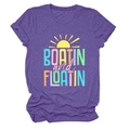 Detail of Boatin and Floatin text graphic on heather purple short sleeve casual T-shirt - Purple