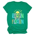 Detail of Boatin and Floatin text print and sun graphic on green short sleeve t-shirt - Dark Green