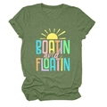 Detail of Boatin and Floatin text and sun graphic on green heathered short sleeve t-shirt - Olive Green