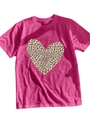 Detailed flat lay of rose pink t-shirt with leopard print heart design on soft cotton - Rose Red