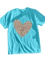 Detail of light blue crew neck T-shirt with leopard print heart graphic on the front - Cyan