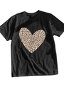 Detailed flat lay of black crew neck T-shirt with leopard print heart on the chest - Dark Gray