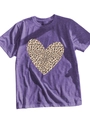 Detailed flat lay of purple crewneck T-shirt with leopard heart print on white background - Purple