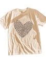 Close-up of leopard print heart graphic on beige short sleeve crew neck cotton T-shirt - Apricot