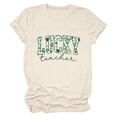 Close-up detail of Lucky Teacher St. Patrick's Day print on cream crew neck tee - S / Sand