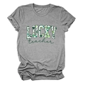 Close-up of a grey St. Patrick's Day teacher t-shirt with Lucky clover print details - S / Dark Gray