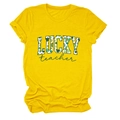 Detail of soft cotton yellow t-shirt with Lucky Teacher clover print for St. Patrick's Day - Yellow
