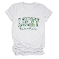 Detailed flat lay of white cotton T-shirt featuring green Lucky Teacher graphic print - White