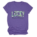 Detail of LUCKY teacher print with clover patterns on purple short-sleeved cotton T-shirt - Purple