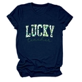 Detail of Lucky Teacher text with green shamrocks on navy blue cotton t-shirt - Navy Blue
