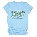 Close-up of sky blue cotton T-shirt featuring Lucky Teacher clover print detail - Light Blue