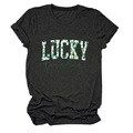 Detail shot of Lucky Teacher print with green clover on charcoal grey cotton t-shirt - Black Heather Grey