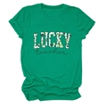 Detail of cotton crewneck tee featuring Lucky Teacher print with green clover patterns - Dark Green
