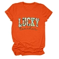 Detail of St. Patrick's Day orange t-shirt featuring Lucky Teacher clover graphic print - Orange