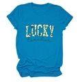 Detailed flat lay of blue crew neck T-shirt with LUCKY teacher clover print - Lake Blue