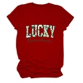 Dark red women's crew neck T-shirt with Lucky Teacher clover print for Saint Patrick's Day - Red