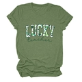 Detail of Heather Green Lucky Teacher t-shirt with clover pattern lettering - Olive Green