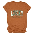Detail of soft cotton caramel T-shirt featuring Lucky Teacher clover print for Saint Patrick Day - Burnt Orange