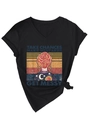 Detail of V-neck cotton T-shirt featuring colorful quote print and front knot hem - S / Black