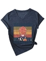 Close-up of V-neck T-shirt detail showing colorful text print and stylish hem knot - S / Navy Blue