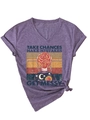 Detail of purple V-neck T-shirt with vintage graphic print and stylish front knot hem - S / Purple