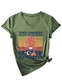 Detail of army green V-neck T-shirt with vintage print and knotted hem style - S / Olive Green