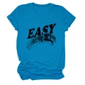 Detailed view of blue cotton T-shirt featuring vintage tiger print and Easy text graphic - Lake Blue (Black Text)