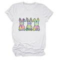 Close-up of colorful artistic bunny prints on white cotton short sleeve T-shirt - White