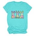 Close-up of three colorful hand-drawn artistic rabbits printed on a turquoise cotton T-shirt - Deep Water Blue