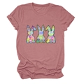 Detail of dusty rose T-shirt featuring three colorful artistic bunny prints with rolled sleeves - Rose Gold