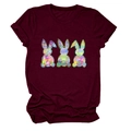 Close-up of three colorful graffiti rabbit prints on a burgundy cotton T-shirt - Burgundy