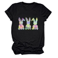 Detail of three colorful tie-dye bunny silhouettes printed on a black crew neck T-shirt - Black