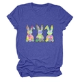Close-up of three colorful embroidered rabbits on a heather blue cotton T-shirt - Vintage Blue