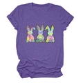 Detail of three colorful rabbits graphic with fuzzy tails on a purple cotton T-shirt - Purple