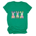 Detail of three colorful bunny graphics on bright green crew neck cotton t-shirt - Dark Green