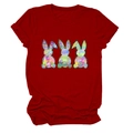 Close-up of red crew neck T-shirt featuring three colorful artistic bunny prints - Red