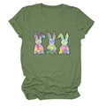 Detail view of olive green cotton T-shirt featuring three colorful artistic rabbits - Olive Green